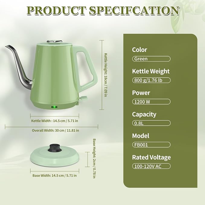 Gooseneck Electric Kettle 0.8L, 1200W Fast Boiling Stainless Steel – Auto Shut-Off, Precision Pour Over Kettle for Coffee & Tea, Ideal for Small Kitchen, RV, Travel (Green)
