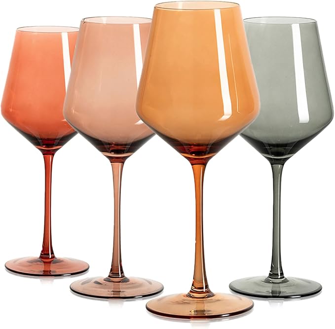 Colored Wine Glasses Set of 4, 13.5oz Lead-Free Crystal | Elegant Long Stem, Hand Blown, Autumn Tones, Fall Dinner Wedding Birthday Party, Ready-to-gift Box