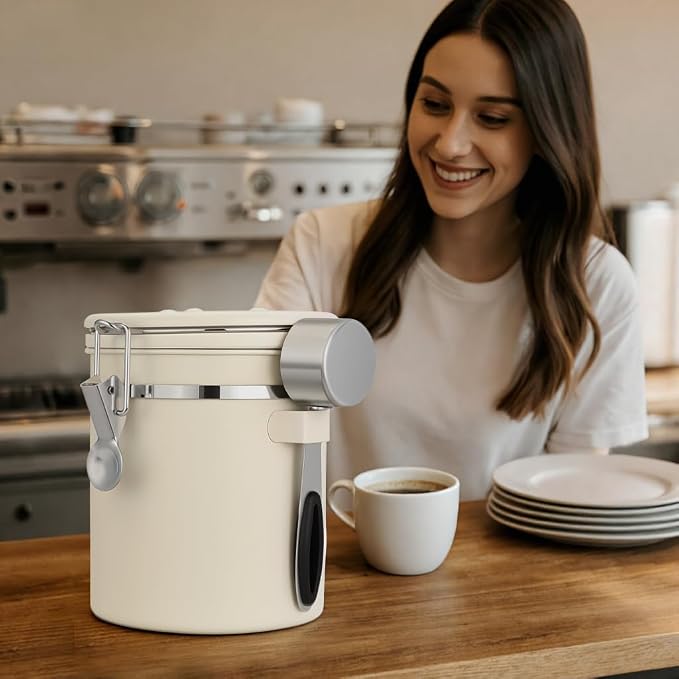 ShanSon Coffee Canister Airtight, Stainless Steel Bean Storage Container with Date Tracker & Scoop, Grounds Sugar Flour Tea Cereal Fits Kitchen Pantry, Ideal Gift for Coffee Lovers,12oz,Beige