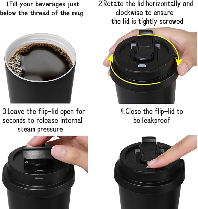 Funkrin Coffee Travel Mug with Flip Lid, 16oz Insulated Tumbler Cup with Ceramic Coating, Double Wall Vacuum Leak-Proof Tumbler for Office School Party Camping