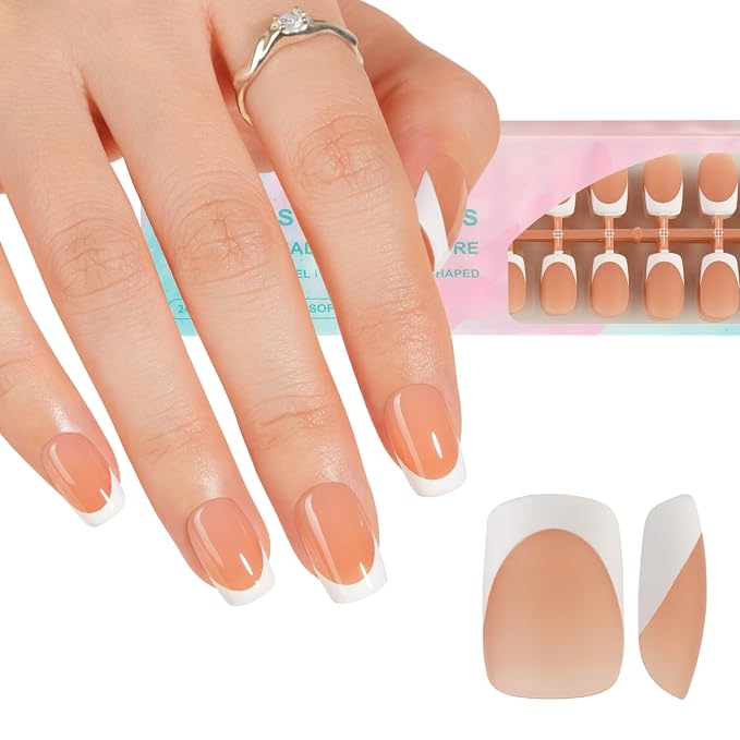 Misssix 150Pcs French Tip Press on Nails Short Square Brown Gel Fake Nails | No Need to File 3 in 1 Tips Pre-lasting, Fake Nails for Nail Art DIY 15 Sizes