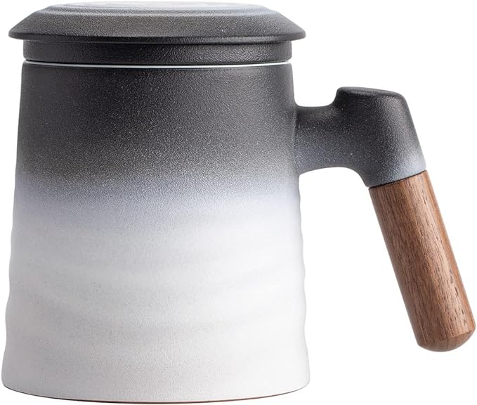 ZENS Tea Mug with Infuser and Lid for Loose Leaf Tea Steeper, 12oz White | Embossed Ceramic Tea Cup with Infuser for Herbal Tea Difussers, Tea Lovers Gifts, Vintage Wood Handle