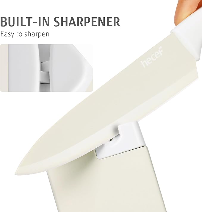 hecef 15Pcs Cream White Kitchen Knife Set, Built-in Sharpening Wooden Block | Dishwasher Safe, High Carbon Stainless Steel, Includes Steak Knives & Kitchen Scissors