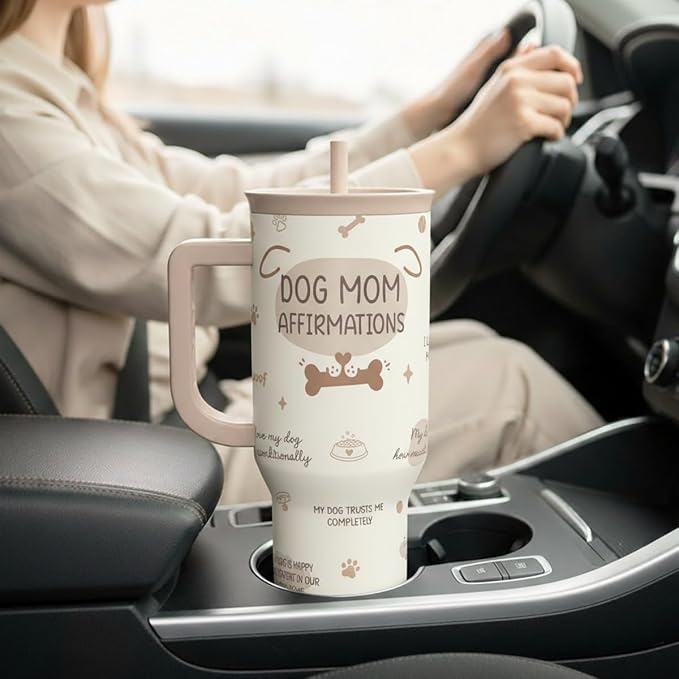 SANDJEST Dog Mom 40oz Tumbler With Handle and Straw, Dog Mom Affirmation Insulated Stainless Steel Travel Coffee Mug for Women Girls Pet Lovers, Gift Idea for Birthday Christmas Mothers Day