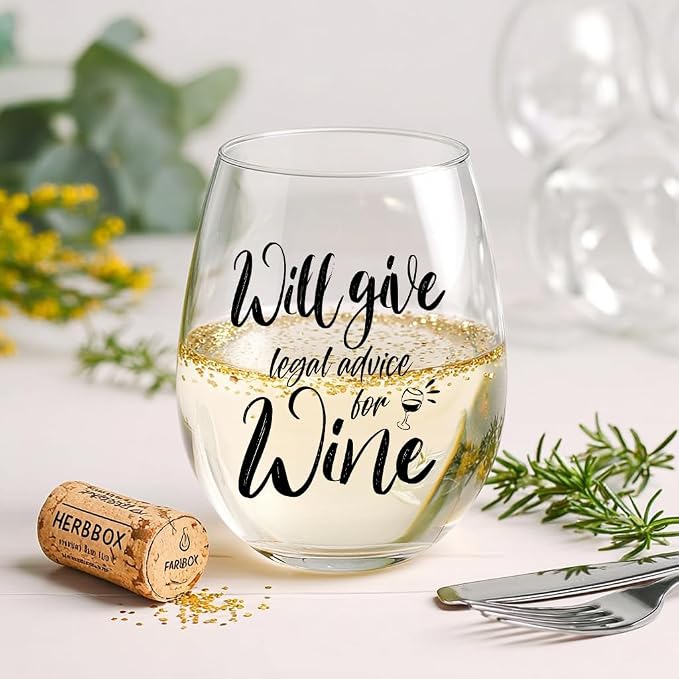LANBAIHE Funny Wine Glass for Lawyers - 15oz Stemmed Wine Cup with Humorous Legal Advice Quote, Best Birthday/Christmas Gift for Law Firm Staff Graduates(Clear Glass)