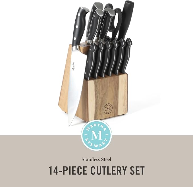 Martha Stewart Greeley Forged High Carbon Stainless Steel 14 Piece Knife Block Set, Black Kitchen Knife Set with Acacia Wood Block, Chef Knife, Bread Knife, Steak Knives