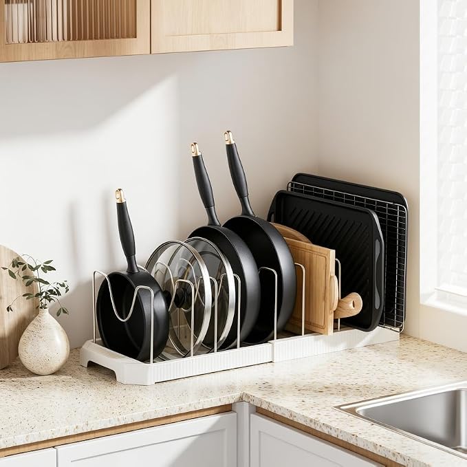 MUDEELA Pots and Pans Organizer under Cabinet, Pan Pot Organizer Inside Cabinet, Expandable 12.9''-21.88'' Pot Lid Organizer Holder with 10 Adjustable Dividers for Cutting Boards, Pan Lid Rack, White