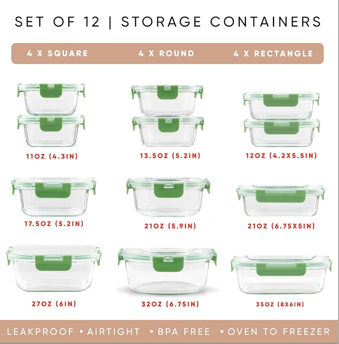 JoyJolt 24pc Borosilicate Glass Storage Containers with Lids | 12 Airtight/Freezer Safe Food Storage Containers for Pantry and Kitchen | Meal Prep Container for Lunch | Glass Tupperware Set