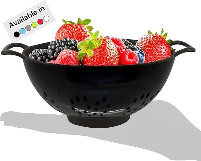 Meadow Lane 6-Inch Small Colander, 3-Cup Food Strainer, Glossy Black | BPA-free, dishwasher-safe mini colander has a wide, shallow bowl, 1/8-inch holes, two handles, ring foot and smooth edges.