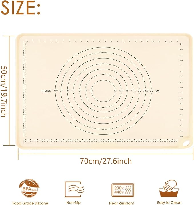 Silicone Baking Mat 28" x 20"Extra Thick Baking Mat with Measurements Non-stick Pastry Mats for Rolling Dough,Bread,Pie,Cookies,Pizza and fondant,Food Grade Kneading mat