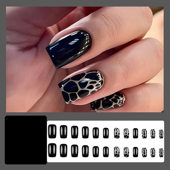 24Pcs Black Press on Nails Short Square Fake Nails WLGDLH Summer False Nails Press ons Nail Kit with Leopard Print Design Glossy Glue on Nails Full Cover Stick on Nail for Women Manicure