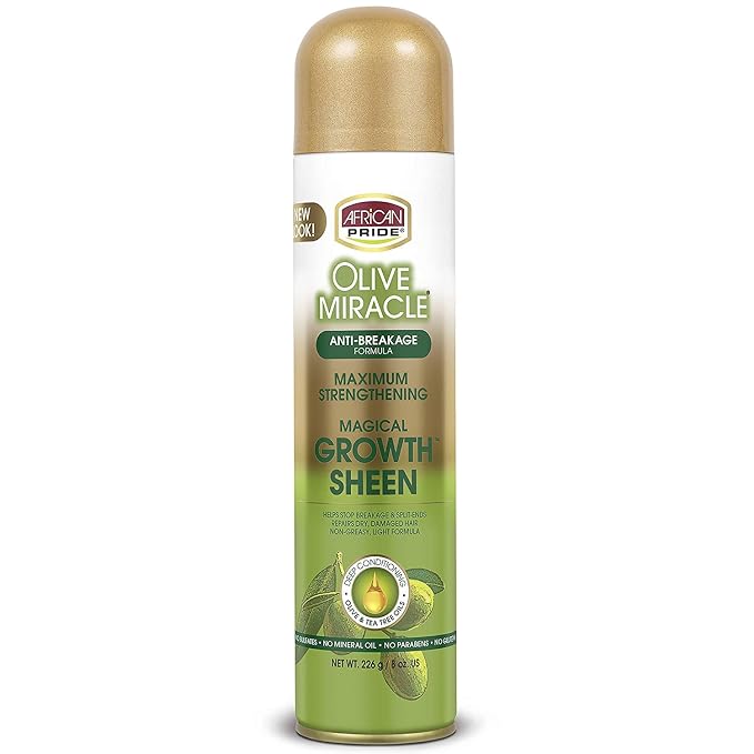 African Pride Olive Miracle Growth Sheen Hair Spray, 8 Oz | Olive & tea tree oil sheen spray adds moisture and shine; supports healthy-looking hair