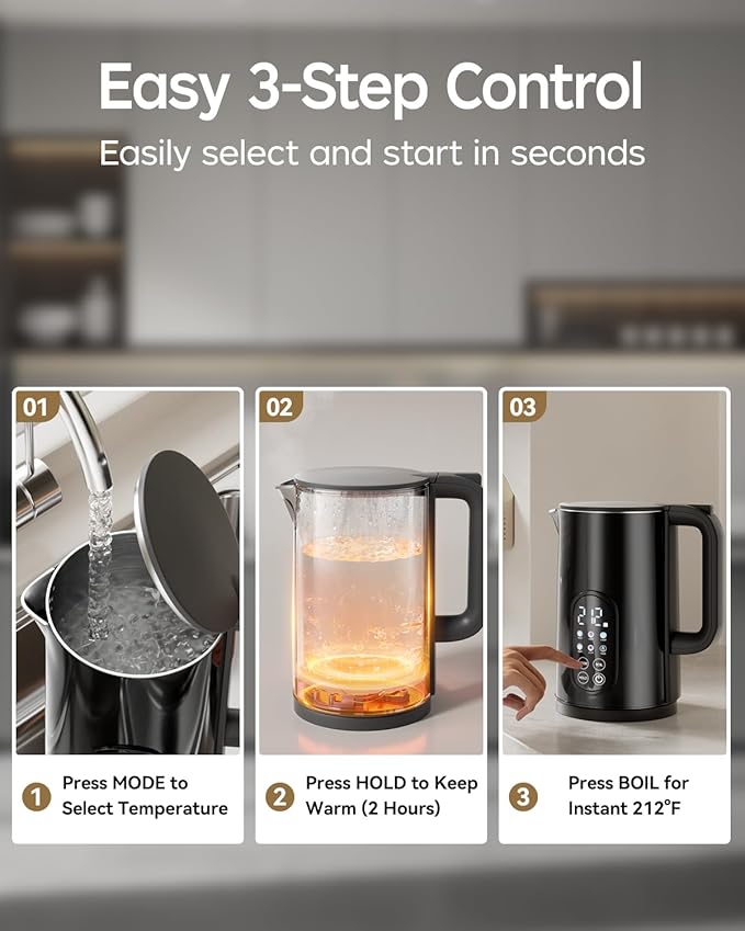1.7L Stainless Steel Electric Kettle with Temperature Control–Black | 5 Preset Temperatures for Tea & Boiling Water, 2H Keep Warm, 1200W BOIL Mode, 304 Stainless Steel Interior, Cordless Base