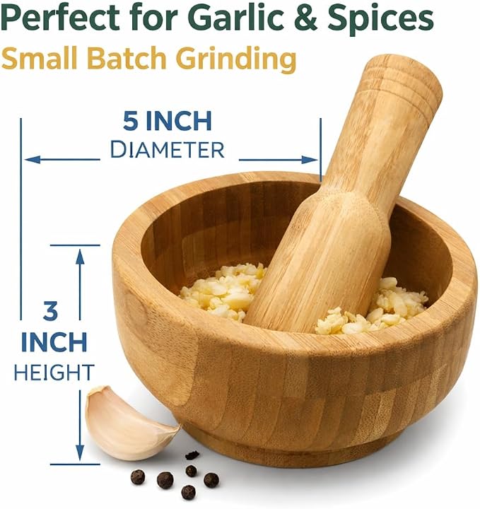 5 Inch Bamboo Mortar and Pestle Set, Wooden Herb Grinder Bowl for Garlic Ginger Spices Seeds Pepper Coffee, Manual Spice Crusher Grinding Bowl