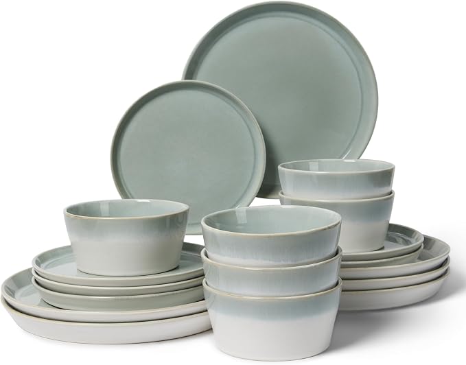 Dinnerware Sets for 6, Ceramic Plates and Bowls Set, Modern Artisan Dish Set, Microwave & Dishwasher Safe Dishware Set, Chip & Scratch Resistant Dinner Sets, Gradient Green