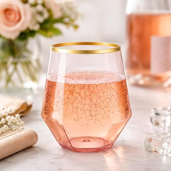 Oojami 40 Pack Disposable Plastic Wine Glasses 12 oz Diamond Pink Gold Rim | Stemless Cocktail Champagne Whiskey Cups, Shatterproof BPA-Free Unbreakable, for Wedding Party Birthday Outdoor Events