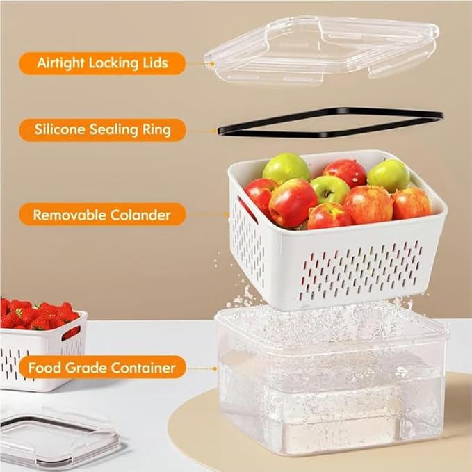 4 in 1 Food Storage Container, Fruit Storage Containers for Fridge, Produce Storage Containers with Lid and Strainer, Including Drain Basket, Multipurpose Large Fruit Containers for Fridge (S-Grey)