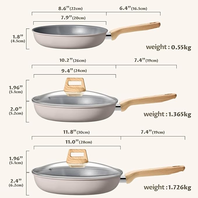 BLAZANT Non Stick Frying Pan Set with Lids, 5 Pcs Ceramic Nonstick Skillets | Non Toxic Pans PFAS-Free, Molecular-Bonded Seamless Induction Base, 30% Faster Heating, Works on All Stoves, 8", 9.5", 11"