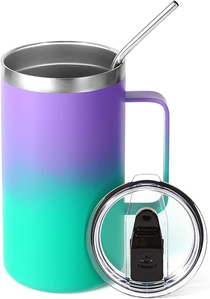Volhoply 22oz Insulated Stainless Steel Coffee Mug with Leakproof Lid,Double Wall Vacuum Travel Coffee Cup with Handle,Reusable Metal Tumbler,Camping Mugs Keep Hot&Cold(Purple Green,1)