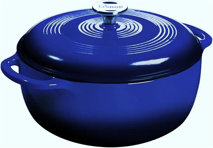 Lodge Essential Enamel Cast Iron Dutch Oven with Lid 7.5 Quart - Oven-Safe Enamel Cookware up to 500° F - Heat-Retaining Braising & Roasting Pot - Non-Toxic Cookware - Indigo