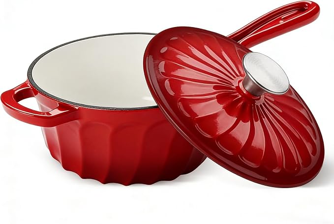 Enameled Cast Iron Sauce Pan with Lid, 2 Quart Saucepan with Lid | Dutch Oven with Lid, Small Cast Iron Pot for Cooking Pasta, Soup, Milk, Induction & Oven Safe Up to 500°F, Red