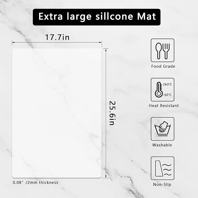 Silicone Placemats, Food-Grade Non-Slip Waterproof, Dining, Stain Resistant, Countertop Protector, Kitchen Counter Mat, Heat Resistant, Baking mat Dishwasher Safe (25.6"×17.7"-1p Thicken, Translucent)