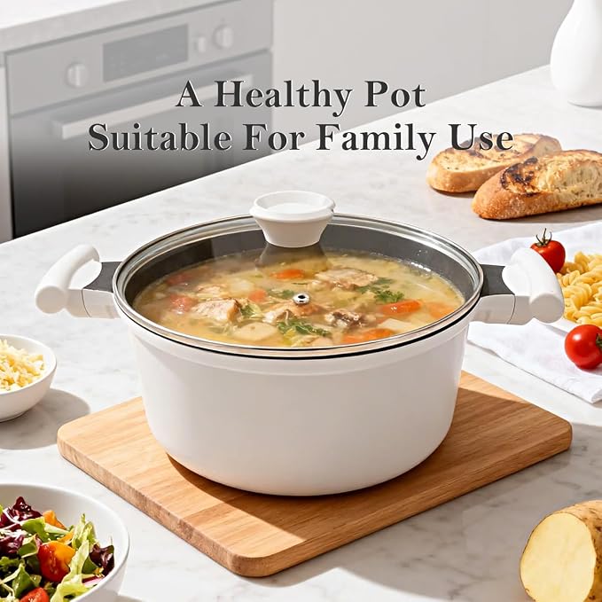 5 Qt Nonstick Stock Pot with Lid, Soup Pot with Stay-Cool Handle, White | Lightweight & Durable, Suitable for All Stoves, Including Induction, PTFE & PFAS & PFOA Free