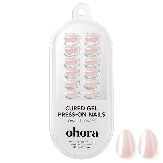 ohora Gel Press On Nails | Beige, Chrome, Short Oval | Glazed Chrome | Salon-Quality, 100% Real Gel, No UV Lamp, No Glue, Non-Toxic | 15 Sizes, 30 Tips | Long Lasting, press on short