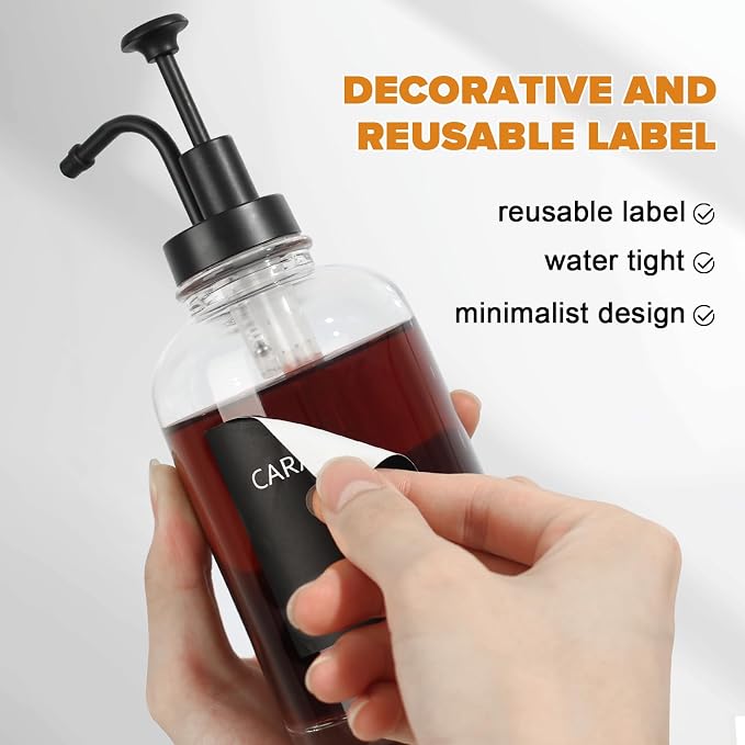 Syrup Dispenser for Coffee Bar, Glass Syrup Dispenser with Pump, 16.9 fl oz Honey Bottles, Labels, Spoons, Coffee Art Pen, 3 Pack