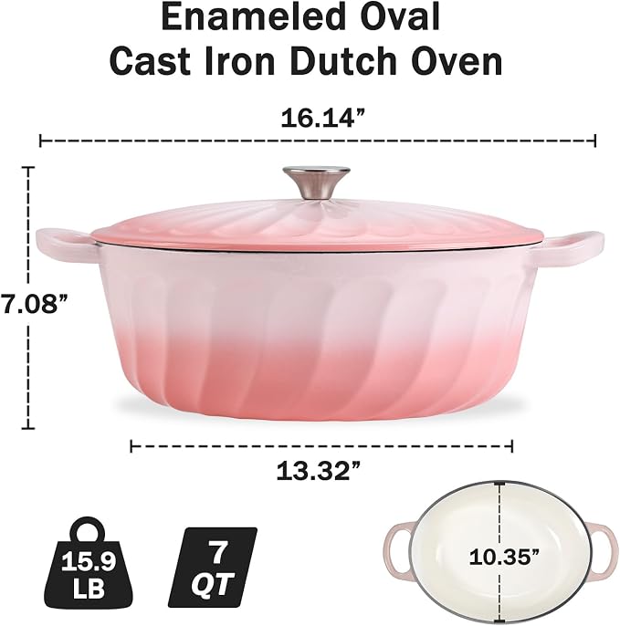 Enameled Dutch Oven Pot with Lid, 7 QT Cast Iron Dutch Oven with Dual Handles, Oval Dutch Oven for Cooking, Bread Baking, Frying, Non-stick Enamel Coated Oven (Gradient Pink)