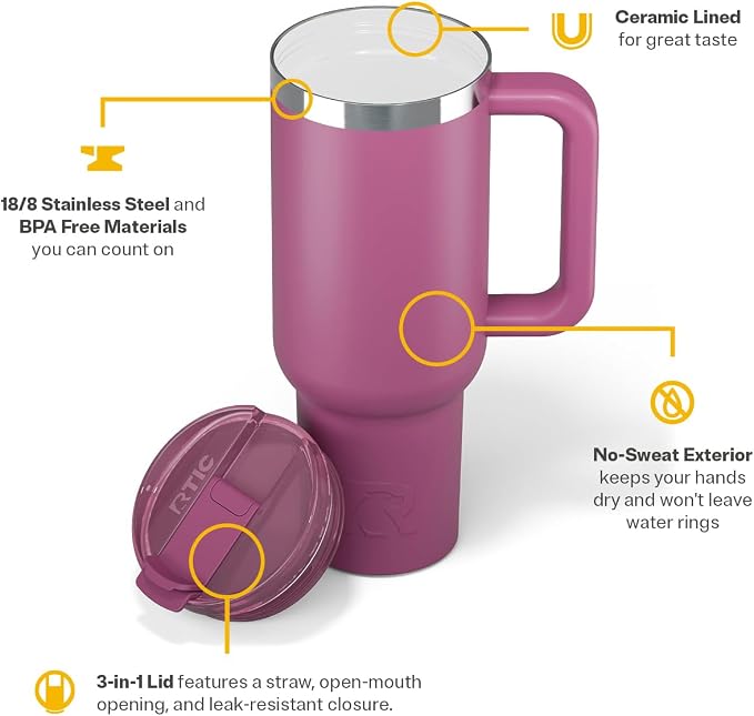 RTIC 40oz Road Trip Tumbler, Insulated, Ceramic Lined, Orchid | with Lid, Handle and Straw, Stainless Steel Metal Cup, Portable for Hot and Cold Drinks, Coffee, Car, Camping, Travel