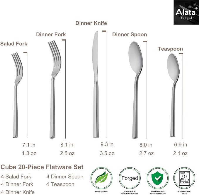 Alata Cube 20-Piece Forged Flatware Set Service for 4, Matte Satin Polished | 18/0, Stainless Steel, Dishwasher Safe, Square Handle, Silverware Set, Cutlery Set, Daily Use, Party, Present, Restaurant