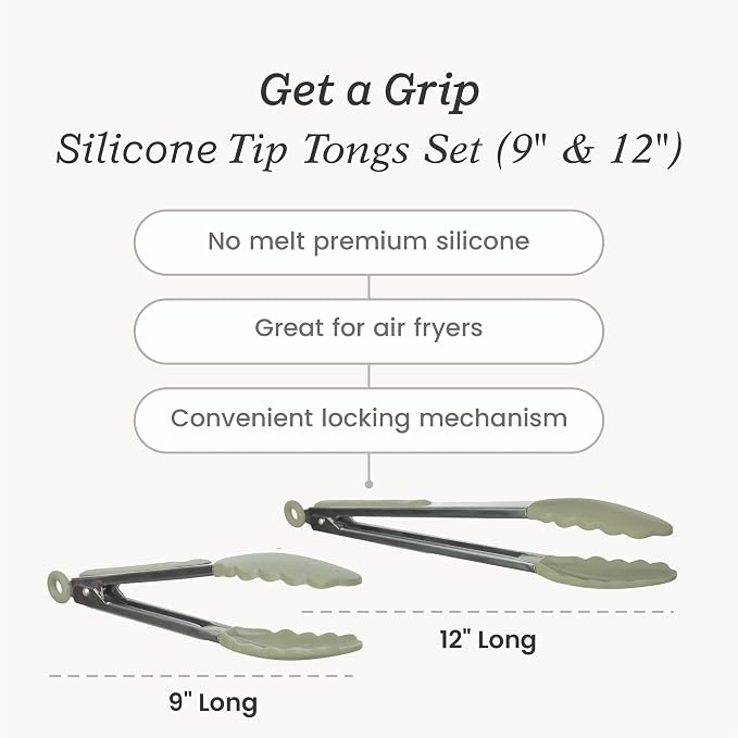 Starpack Get a Grip Silicone Kitchen Tongs (2-Pack, 9" + 12") - LFGB Non Toxic, 600°F Heat Resistant, BPA-Free - Heavy-Duty Stainless Steel, Locking - Dishwasher Safe for Nonstick Cookware
