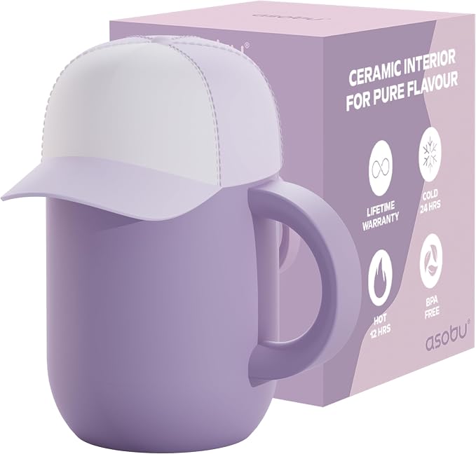 asobu Happy Hat Mug – 12 oz Double-Walled Stainless Steel Insulated Cup with Beanie-Shaped Lid – Ceramic Inner Coating – Spill-Proof and Ergonomic Design for Home and Travel (Puple)