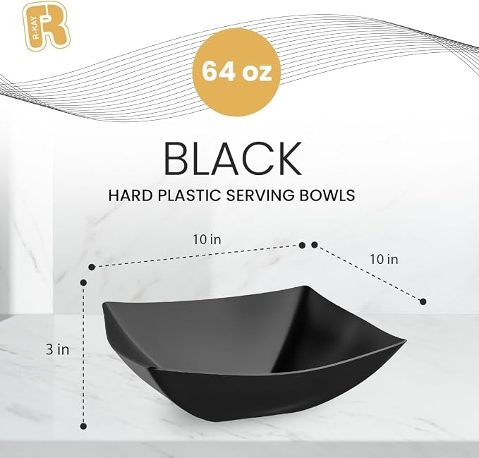 R-kay 6 Pack Square Plastic Black Serving Bowls - Black Plastic bowls 64 Oz - Salad Bowls Large Serving - Premium Heavy Duty For Weddings Catering And Birthday parties