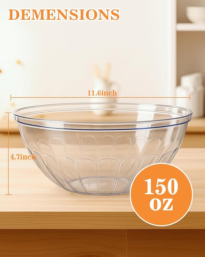 BESTVIP 150 Oz Clear Plastic Serving Bowls, 4 Pack | 11.6-Inch Disposable & Reusable Bowls for Salad, Snacks, Chips & Candy, Stackable for Parties, Holidays & Meal Prep