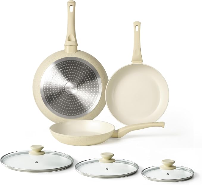 Innerwell Nonstick Ceramic Frying Pans Skillets Set with Lid 8"+9.5"+11" | No Toxic Egg Omelette Frying Pan Set, All Stove Compatible, Healthy Granite Induction Cooking Pan, PFOA & PFAS Free