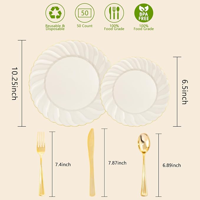 YOUBET 125PCS Ivory Scalloped Plastic Plates for Party Wedding | Cream Scalloped Disposable Plates - Gold Plastic Dinnerware Set Include 50 Plates, 75 Gold Silverware