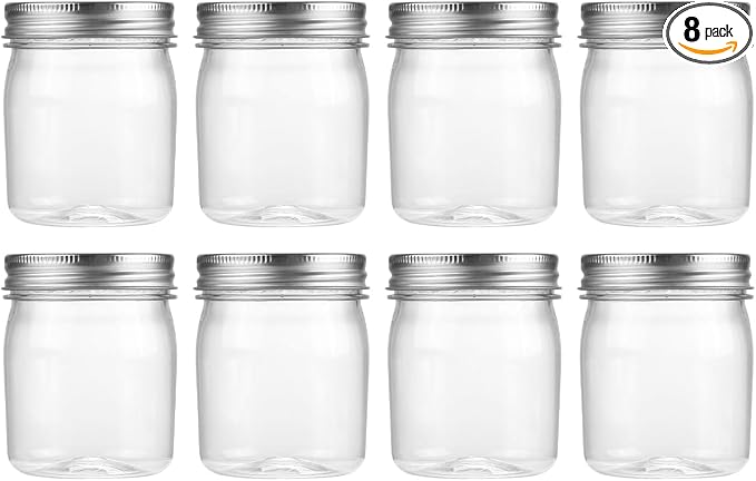 novelinks 8 oz Plastic Mason Jars and Clear Plastic Jars with Lids 8 oz | 8 Pack, Silver, Plastic Containers with Lids, Small Mason Jars, Clear Jars Bulk, Spice Jars, Slime Jars, Mini Jars