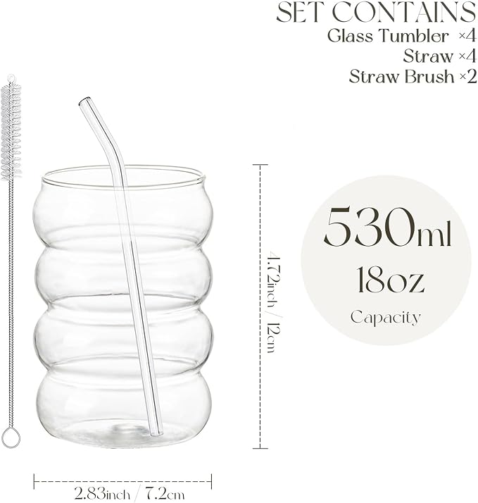KEMORELA 18oz Wave Shape Beverage Glasses With Straws,Vintage Glass Cups Wine Mugs Set, Ripple Drinking Glasses,for Juice Beer Wine Champagne Cocktail Home Kitchen Bar Mixed Drinks (4PCS)