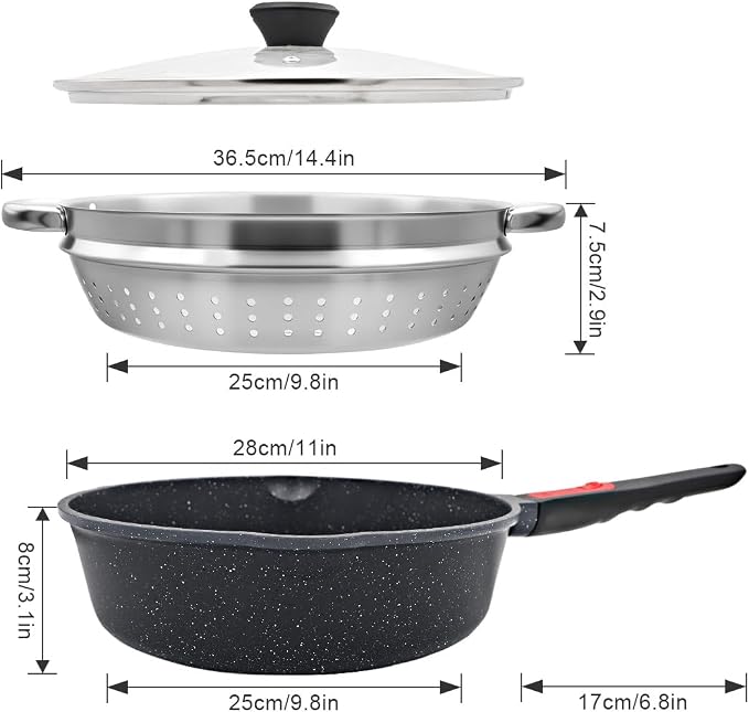 12-Inch Non Stick Frying Pan with Steamer, 5 QT Deep Saute Pan with Lid, Vegetable Steamer Cookware for Cooking, Detachable Handle, Compatible with All Stoves, Oven Safe, PFOA Free, Black