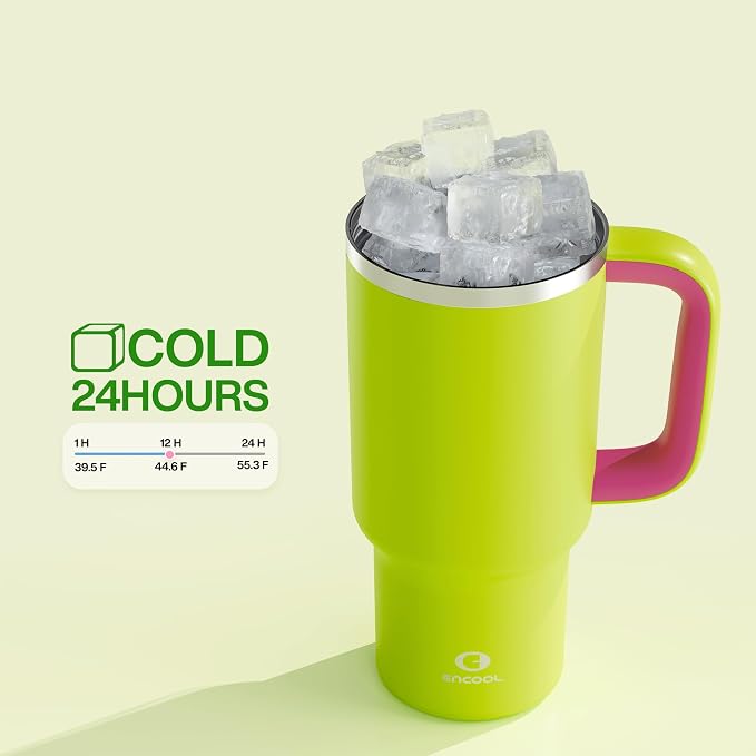 ENCOOL 32 oz Tumbler with Handle and Straw: Stainless Steel Insulated Tumbler Keeps Cold for 24 Hours, Leakproof Travel Cup Fits in Cup Holder and BPA-Free,Acid Green