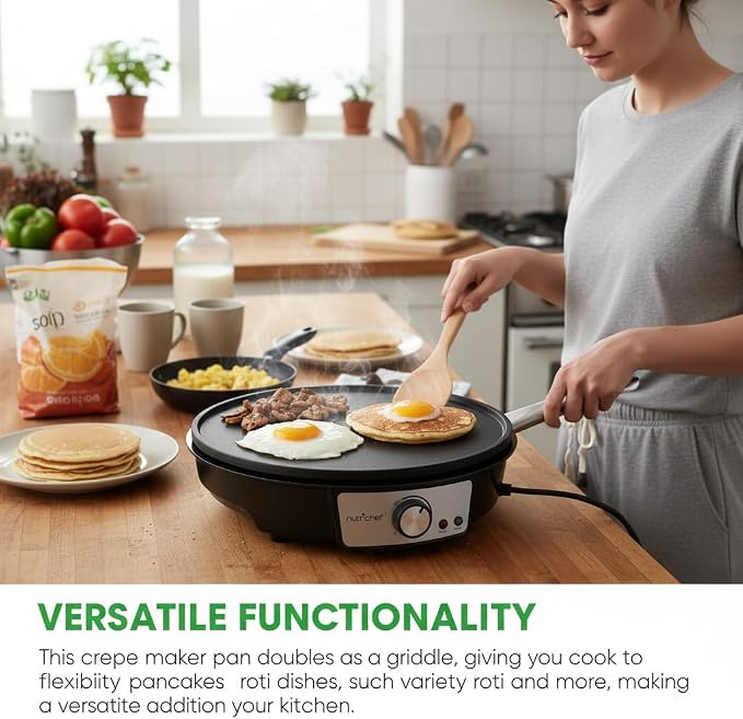 Nutrichef Electric Crepe Maker Pan & Griddle | 12 Inch Nonstick Cooktop | LED Indicators & Adjustable Temperature Control | Includes Spatula, Batter Spreader | Cooks Crepes, Roti & Pancakes