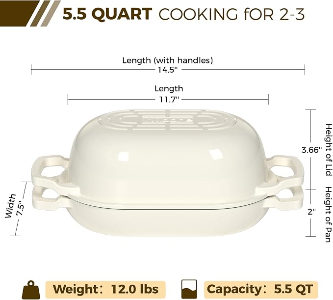 Wildone Enameled Cast Iron Dutch Oven Pot with Lid, Oval Bread Oven | Loaf Cast Iron Bread Pan for Homemade Bread Baking, Meatloaf Pan with Lid, 5.5QT, Cream White