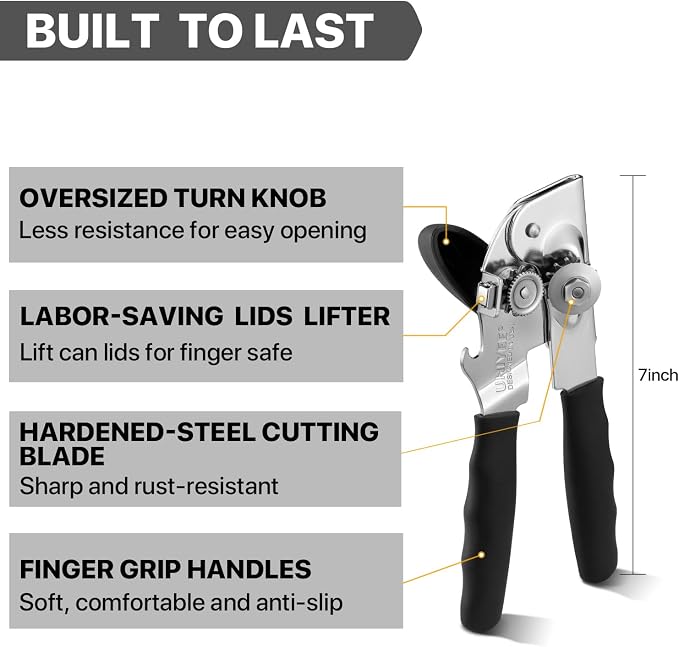 UHIYEE Heavy Duty Hand Can Opener with Comfortable Grip for Seniors, Black | Manual Can Opener, Hardened Steel Blade, Rubber-Coated Handle, Oversize Knob, Built-in Magnet & Bottle Opener