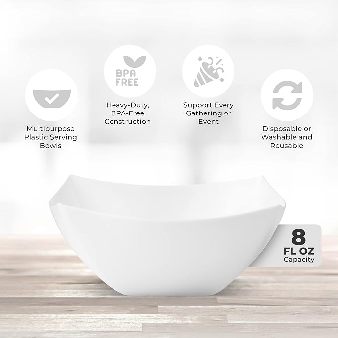4 Pack Disposable White Plastic Serving Bowls 4 Square Party Candy Use 8oz | Square Design. Disposable Party Tableware. Salad, Fruit & Candy Use. Candy Buffet Containers. White Plastic.