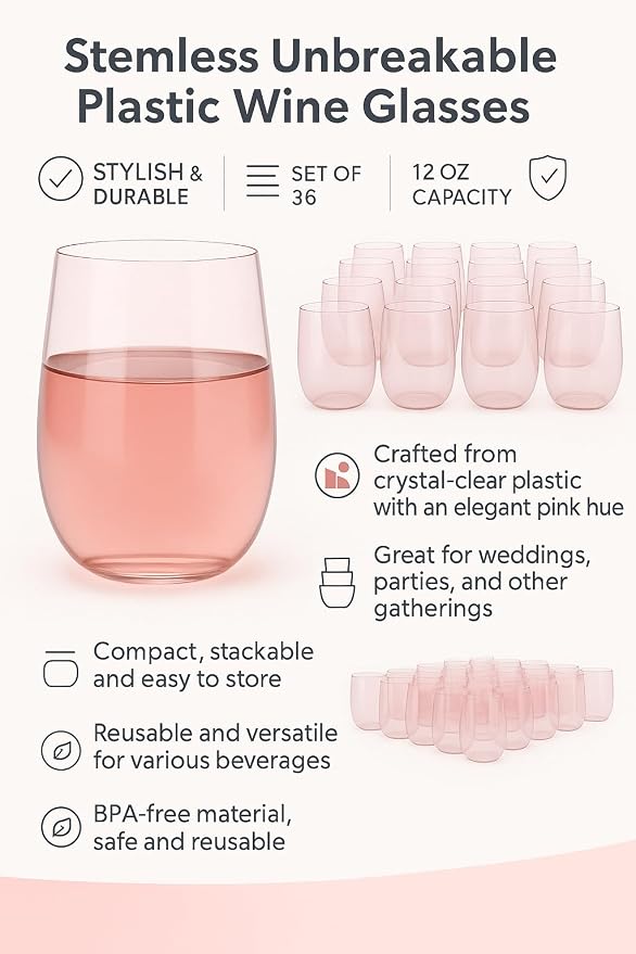 Oojami 36 Pack Pink Disposable Wine Glasses 12oz Plastic Stemless Cups | Unbreakable BPA-Free Shatterproof Reusable Recyclable Cocktail Wine Cups, Party, Wedding, Birthday, Bridal, Bachelorette