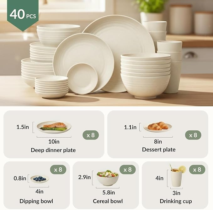 Wheat Straw Dinnerware Sets 40 PCS Plates and Bowls Sets with Cup Set and Dipping Bowls, Unbreakable Camping Dishes Microwave and Dishwasher Safe Dinnerware Set for Dinner, Outdoor (Beige)