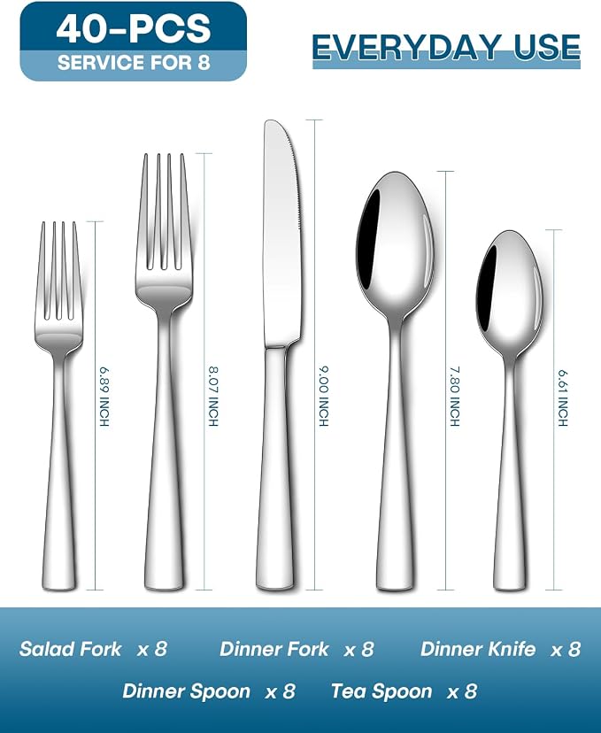 Stapava 40 Piece Silverware Set, Food-Grade Stainless Steel Flatware Sets for 8 Mirror Polished Cutlery Utensil Sets Include Dinner Knives Spoons and Forks Set Dishwasher Safe for Home Restaurant