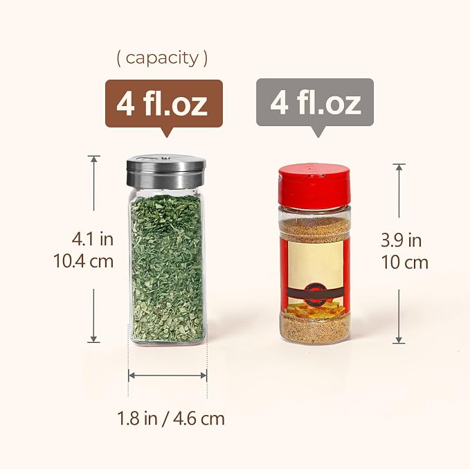 ComSaf Glass Spice Jars with Shaker Lids 4 oz 6 Pack Square | Labels, Seasoning Herbs Powders, Salt Pepper Chili, Spice Rack Organization, Kitchen Cabinet Storage, Funnel Included